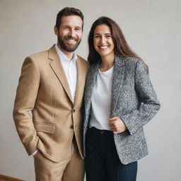 A man and woman standing together, both dressed in contemporary fashion, smiling warmly. They are exhibiting camaraderie and companionship.