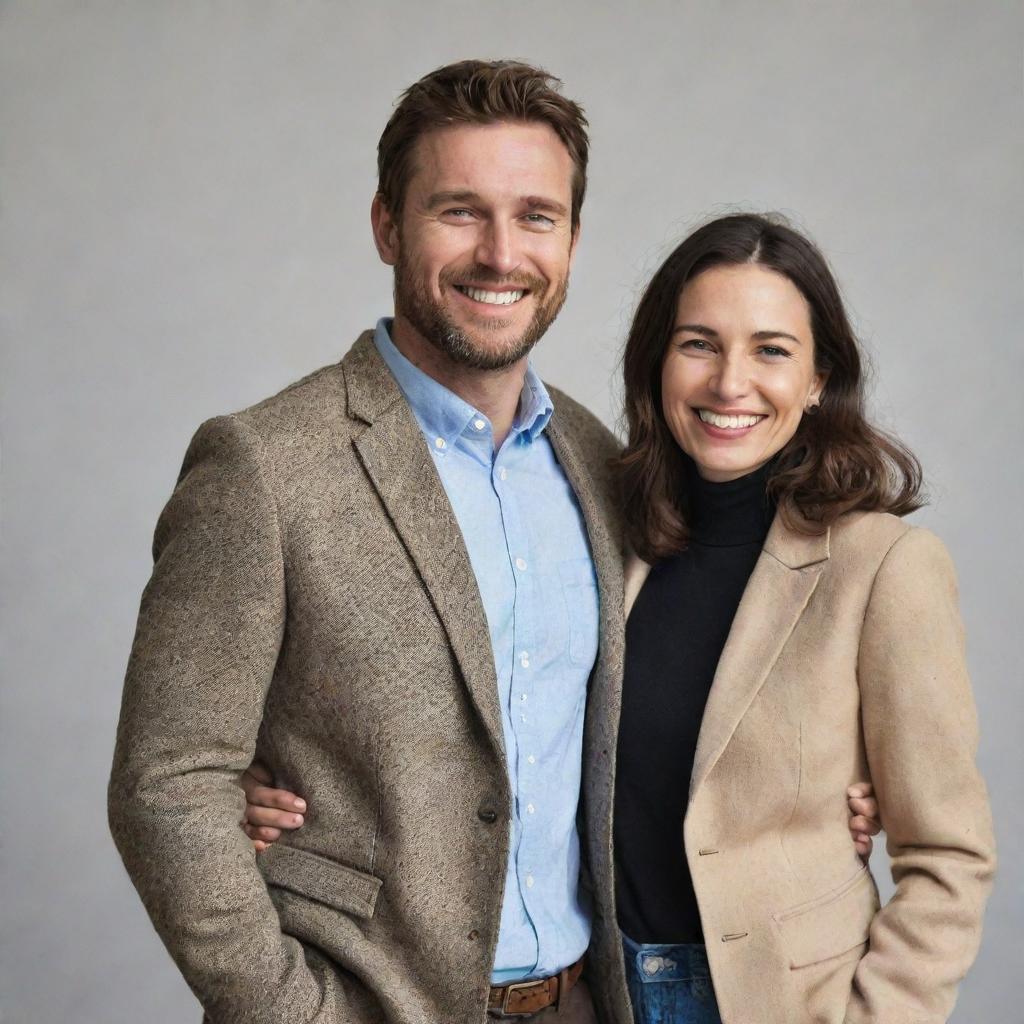 A man and woman standing together, both dressed in contemporary fashion, smiling warmly. They are exhibiting camaraderie and companionship.