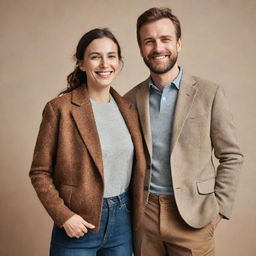 A man and woman standing together, both dressed in contemporary fashion, smiling warmly. They are exhibiting camaraderie and companionship.