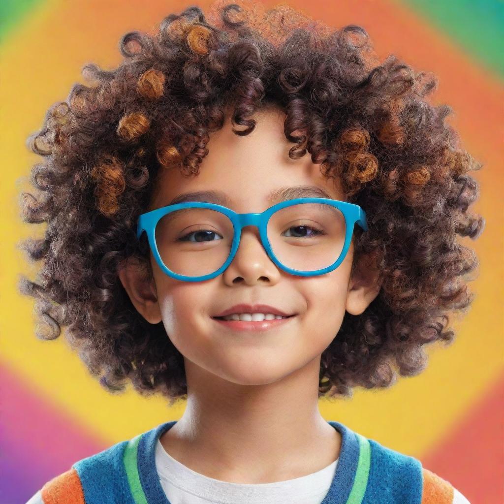 An animated image of a cute Asian boy with curly hair and square glasses, showcasing a vibrant, colorful style