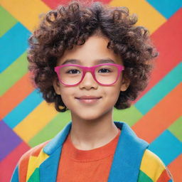 An animated image of a cute Asian boy with curly hair and square glasses, showcasing a vibrant, colorful style