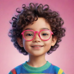 An animated image of a cute Asian boy with curly hair and square glasses, showcasing a vibrant, colorful style