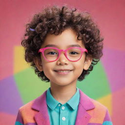 An animated image of a cute Asian boy with curly hair and square glasses, showcasing a vibrant, colorful style