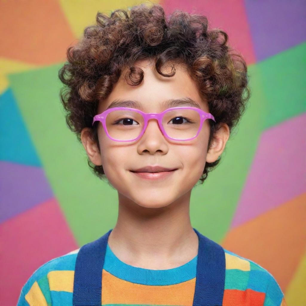 An animated image of a cute Asian boy with short curly hair and square glasses, in a vibrant, colorful style