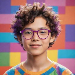 An animated image of a cute Asian boy with short curly hair and square glasses, in a vibrant, colorful style