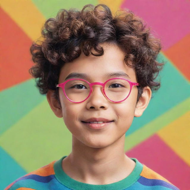 An animated image of a cute Asian boy with short curly hair and square glasses, in a vibrant, colorful style