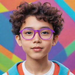 An animated image of a cute Asian boy with short curly hair and square glasses, in a vibrant, colorful style