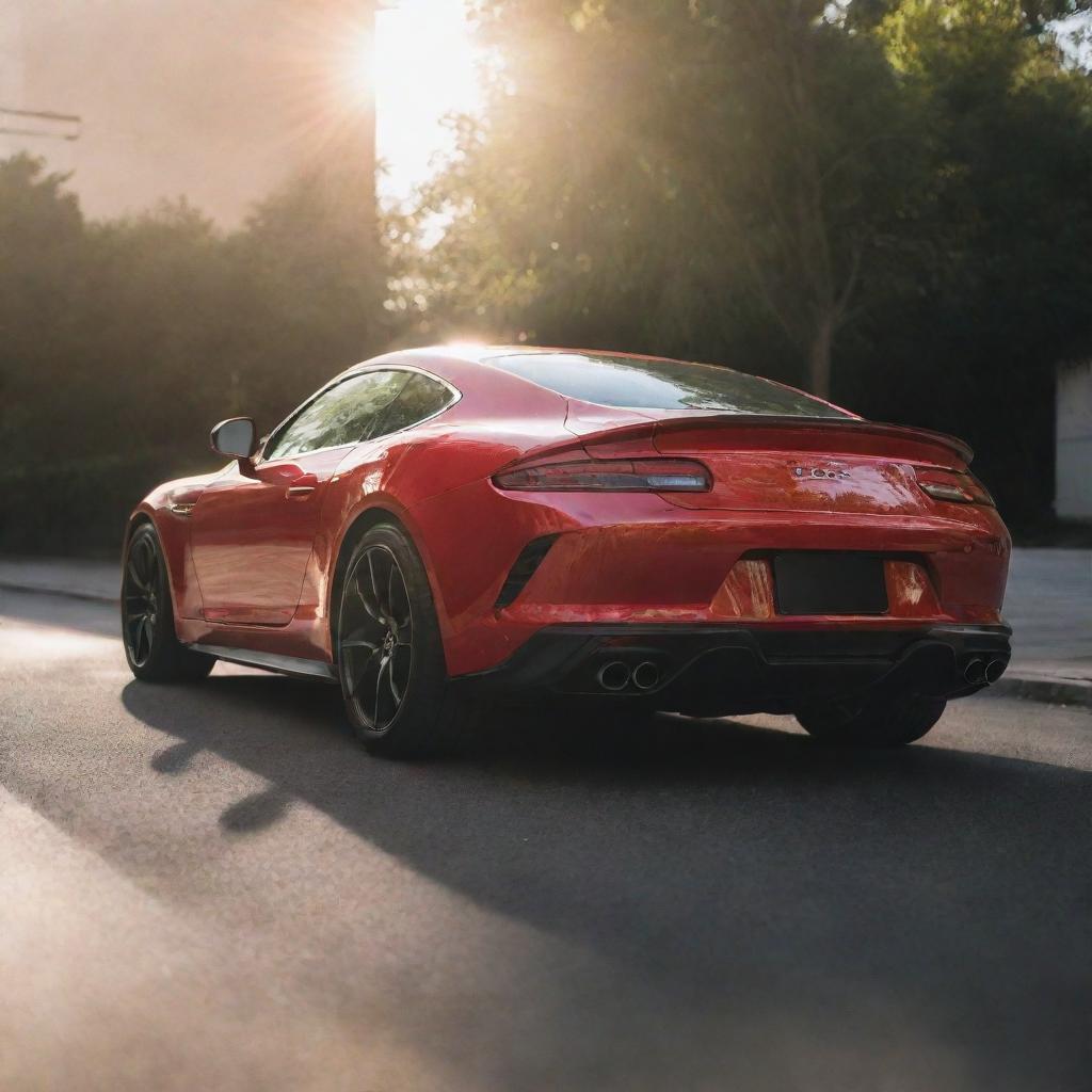 A pristine red car gleaming under the sunlight.