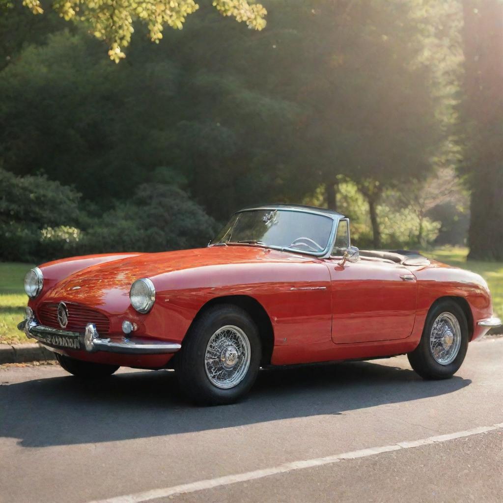 A pristine red car gleaming under the sunlight.