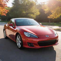 A pristine red car gleaming under the sunlight.