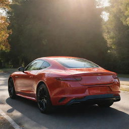 A pristine red car gleaming under the sunlight.