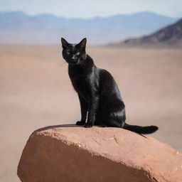 A black cat showing signs of anger, positioned atop a rugged boulder against the backdrop of a vast, desolate desert.