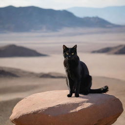 A black cat showing signs of anger, positioned atop a rugged boulder against the backdrop of a vast, desolate desert.