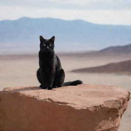 A black cat showing signs of anger, positioned atop a rugged boulder against the backdrop of a vast, desolate desert.