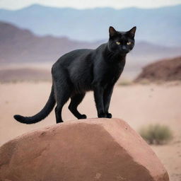 A black cat showing signs of anger, positioned atop a rugged boulder against the backdrop of a vast, desolate desert.