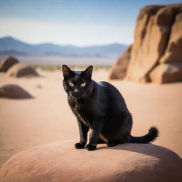 Intensify the expression of the black cat to show greater anger, it's arched back and furrowed brows emphasizing its fierce emotion, set on a boulder in the expansive desert.