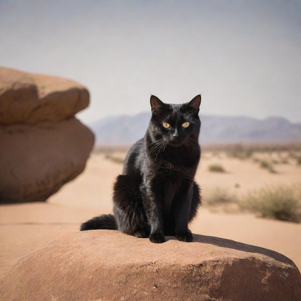 Intensify the expression of the black cat to show greater anger, it's arched back and furrowed brows emphasizing its fierce emotion, set on a boulder in the expansive desert.