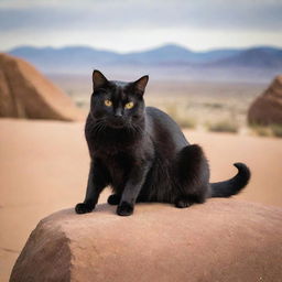 Intensify the expression of the black cat to show greater anger, it's arched back and furrowed brows emphasizing its fierce emotion, set on a boulder in the expansive desert.