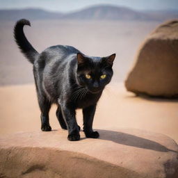 Intensify the expression of the black cat to show greater anger, it's arched back and furrowed brows emphasizing its fierce emotion, set on a boulder in the expansive desert.