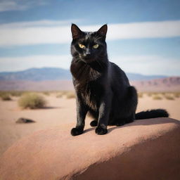 Dramatically accentuate the anger of the black cat, its eyes glaring fiercely, teeth bared and fur bristled, eliciting an intimidating aura, perched on a boulder in the lonely desert.