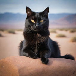 Dramatically accentuate the anger of the black cat, its eyes glaring fiercely, teeth bared and fur bristled, eliciting an intimidating aura, perched on a boulder in the lonely desert.