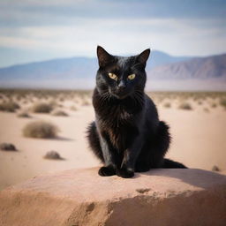 Dramatically accentuate the anger of the black cat, its eyes glaring fiercely, teeth bared and fur bristled, eliciting an intimidating aura, perched on a boulder in the lonely desert.