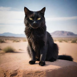 Dramatically accentuate the anger of the black cat, its eyes glaring fiercely, teeth bared and fur bristled, eliciting an intimidating aura, perched on a boulder in the lonely desert.