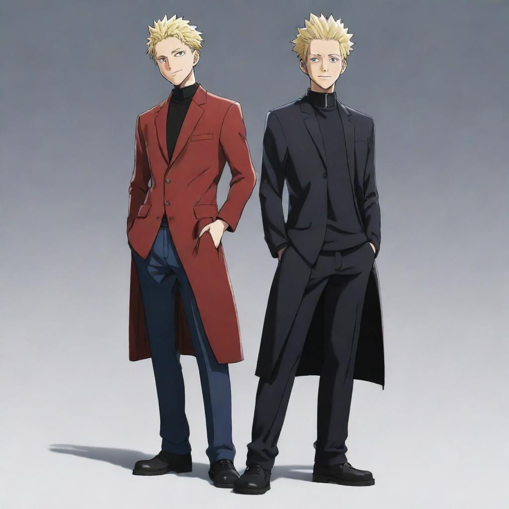 Yor from Spy x Family and Gojo from Jujutsu Kaisen standing side by side in their signature outfits and poses, both smiling confidently.