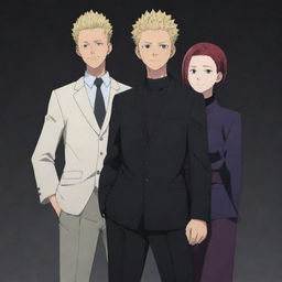 Yor from Spy x Family and Gojo from Jujutsu Kaisen standing side by side in their signature outfits and poses, both smiling confidently.