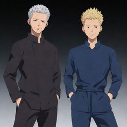 Yor from Spy x Family and Gojo from Jujutsu Kaisen standing side by side in their signature outfits and poses, both smiling confidently.