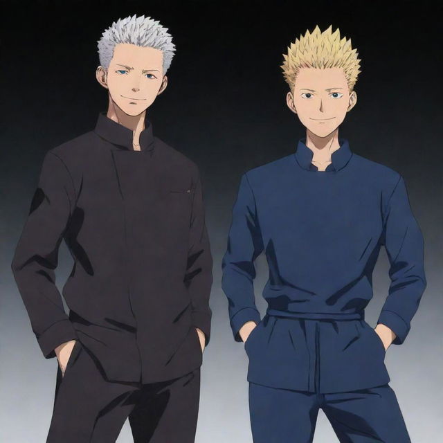 Yor from Spy x Family and Gojo from Jujutsu Kaisen standing side by side in their signature outfits and poses, both smiling confidently.