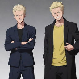 Yor from Spy x Family and Gojo from Jujutsu Kaisen standing side by side in their signature outfits and poses, both smiling confidently.