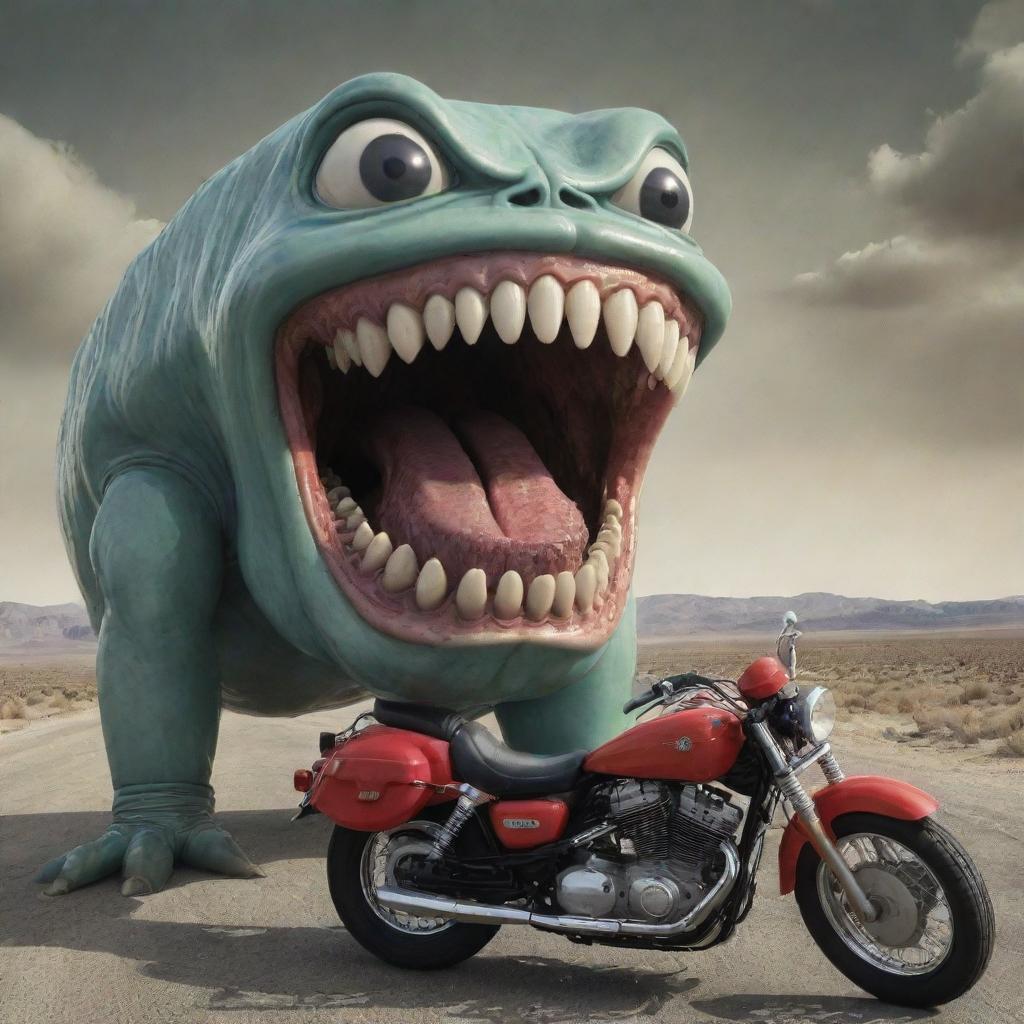 Surreal image of a large, anthropomorphized car with teeth and eyes, devouring a motorcycle in one big gulp, against a cartoonish, dramatic backdrop.