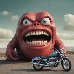 Surreal image of a large, anthropomorphized car with teeth and eyes, devouring a motorcycle in one big gulp, against a cartoonish, dramatic backdrop.