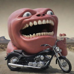 Surreal image of a large, anthropomorphized car with teeth and eyes, devouring a motorcycle in one big gulp, against a cartoonish, dramatic backdrop.