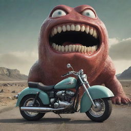 Surreal image of a large, anthropomorphized car with teeth and eyes, devouring a motorcycle in one big gulp, against a cartoonish, dramatic backdrop.