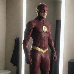 Barry Allen, also known as The Flash, standing in front of a mirror. The reflection shows him in his Flash costume.