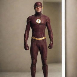 Barry Allen, also known as The Flash, standing in front of a mirror. The reflection shows him in his Flash costume.