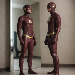 Barry Allen, also known as The Flash, standing in front of a mirror. The reflection shows him in his Flash costume.