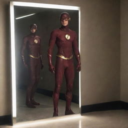 Barry Allen, also known as The Flash, standing in front of a mirror. The reflection shows him in his Flash costume.