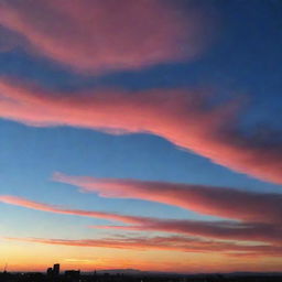 A breathtaking view of the sky at sunset, beaming with warm hues of pink, orange, and red, mingled with the blue veneer of the approaching night.