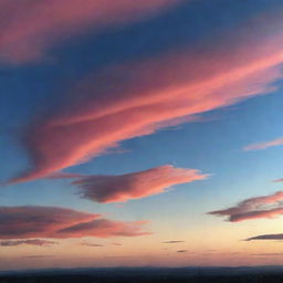 A breathtaking view of the sky at sunset, beaming with warm hues of pink, orange, and red, mingled with the blue veneer of the approaching night.