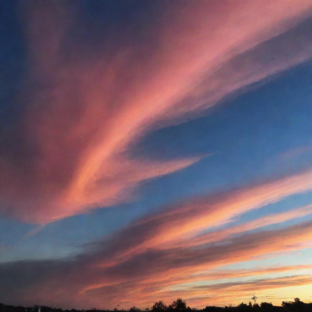 A breathtaking view of the sky at sunset, beaming with warm hues of pink, orange, and red, mingled with the blue veneer of the approaching night.