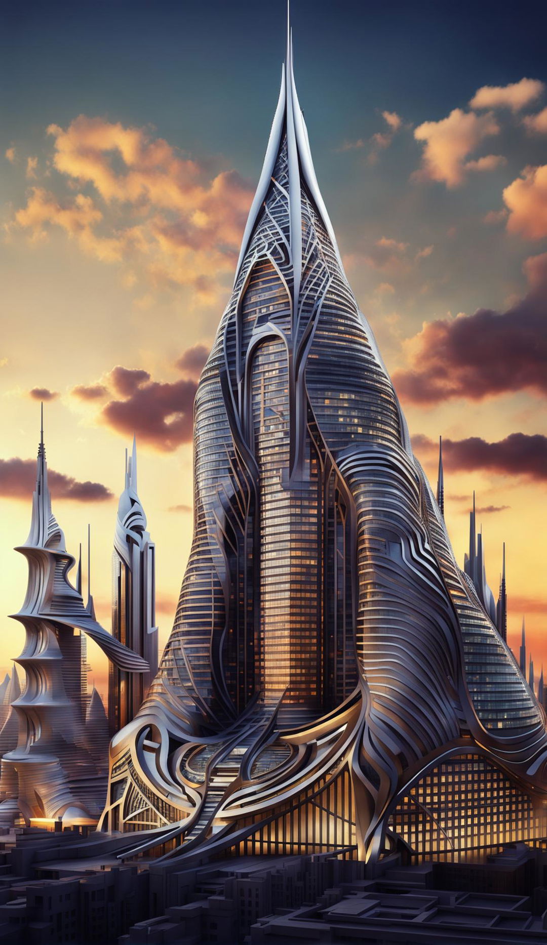 V-Ray render of a futuristic cityscape with parametric, God-inspired buildings featuring unique designs, intricate details, and contrasting lighting.