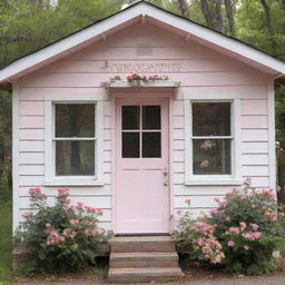 A quaint, beautiful cabin painted in shades of white and pink, with vibrant, colorful flowers adorning the windows. The name 'Aphrodite Cabin' is elegantly scripted above the door.