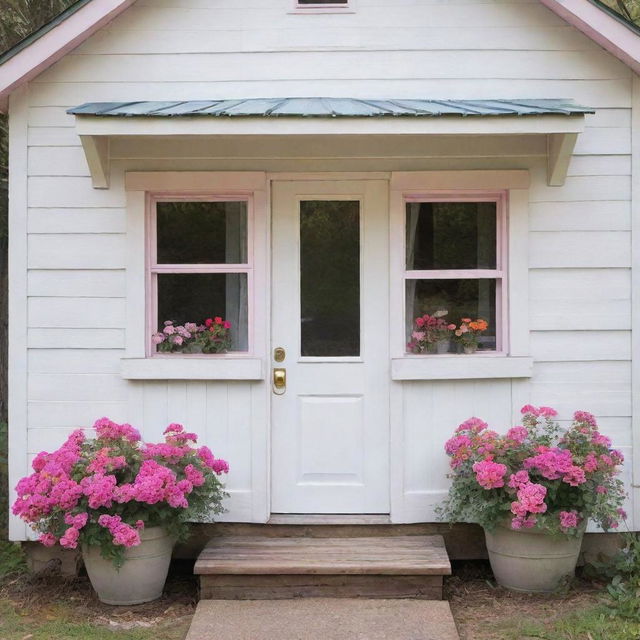 A quaint, beautiful cabin painted in shades of white and pink, with vibrant, colorful flowers adorning the windows. The name 'Aphrodite Cabin' is elegantly scripted above the door.