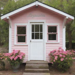 A quaint, beautiful cabin painted in shades of white and pink, with vibrant, colorful flowers adorning the windows. The name 'Aphrodite Cabin' is elegantly scripted above the door.