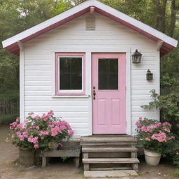 A quaint, beautiful cabin painted in shades of white and pink, with vibrant, colorful flowers adorning the windows. The name 'Aphrodite Cabin' is elegantly scripted above the door.