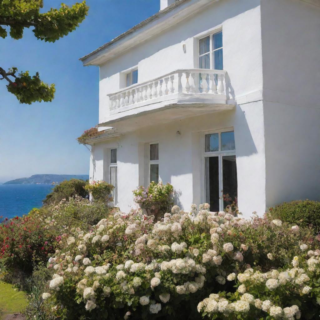 An elegant white house surrounded by an abundance of flowers on the windowsills, with the tranquil sea in the background