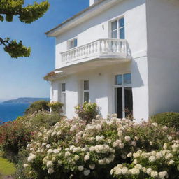 An elegant white house surrounded by an abundance of flowers on the windowsills, with the tranquil sea in the background